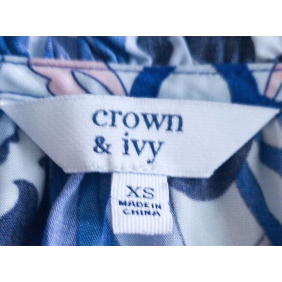 Crown & Ivy Dress Blue Paisley WOM XS Open Neck w/ Detailed Sleeves - Picture 10 of 12